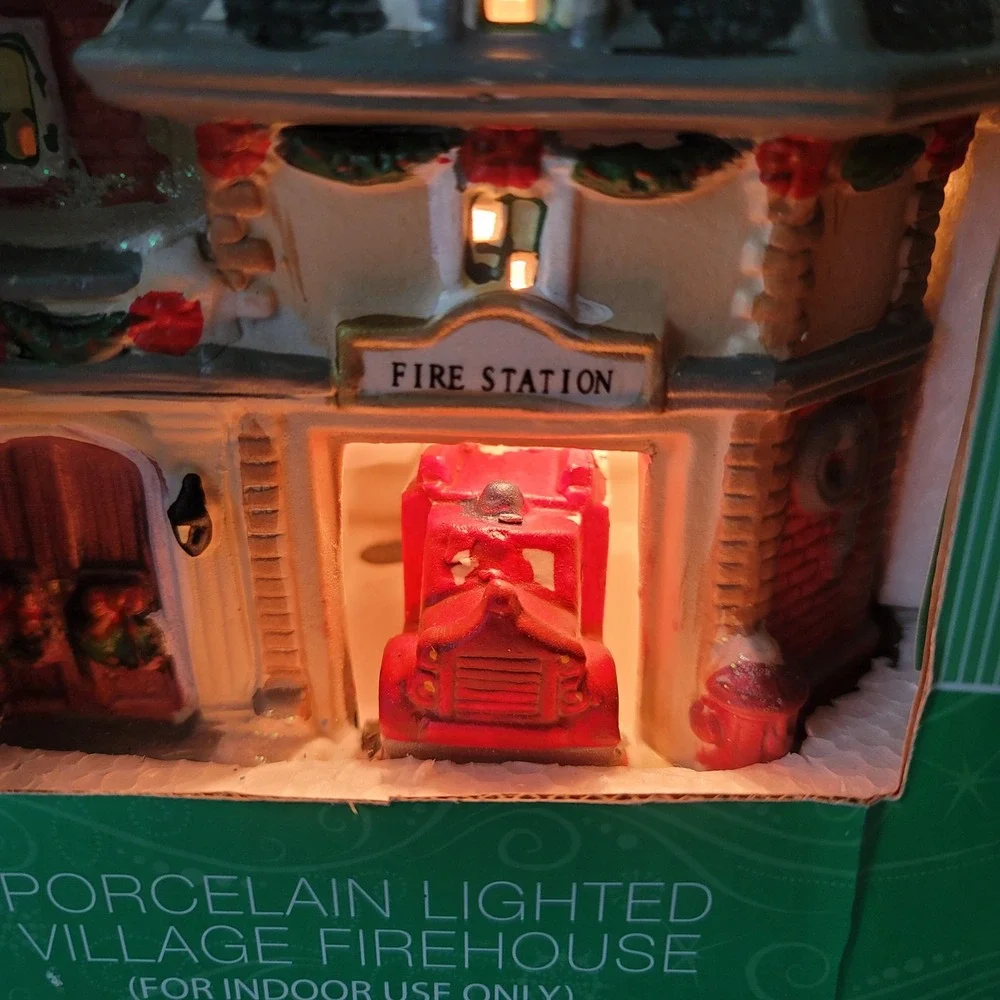 Home Elements Porcelain Lighted Village Firehouse/Station Christmas Decor